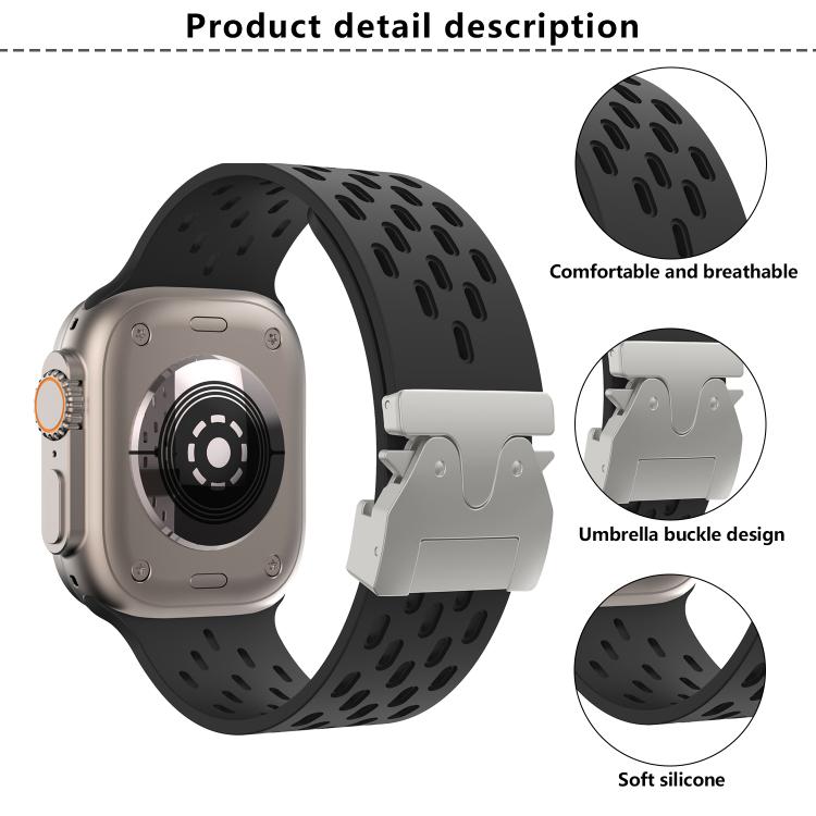 For Apple Watch 46mm / 49mm / 45mm / 44mm Kalebol Mesh Silver Umbrella Buckle Silicone Strap(Black) by Kalebol