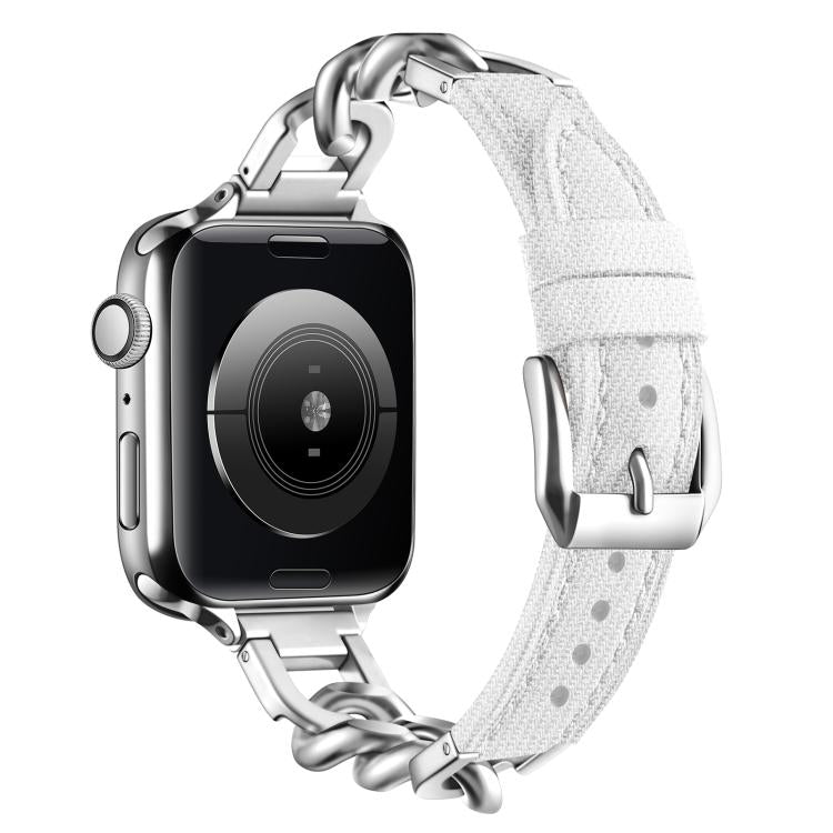 For Apple Watch 46mm / 49mm / 45mm / 44mm Metal Chain Leather Denim Watch Band(White) by bashfashion
