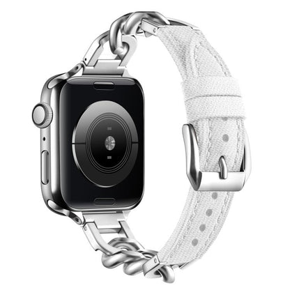 For Apple Watch 46mm / 49mm / 45mm / 44mm Metal Chain Leather Denim Watch Band(White) by bashfashion