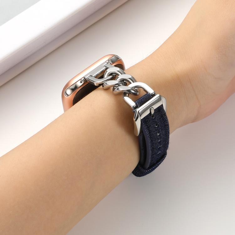 For Apple Watch 46mm / 49mm / 45mm / 44mm Metal Chain Leather Denim Watch Band(Ochre Red) by bashfashion