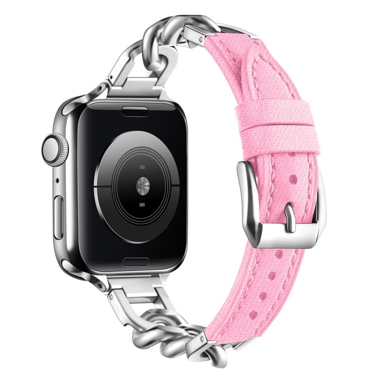 For Apple Watch 42mm / 41mm / 40mm / 38mm Metal Chain Leather Denim Watch Band(Pink) by bashfashion