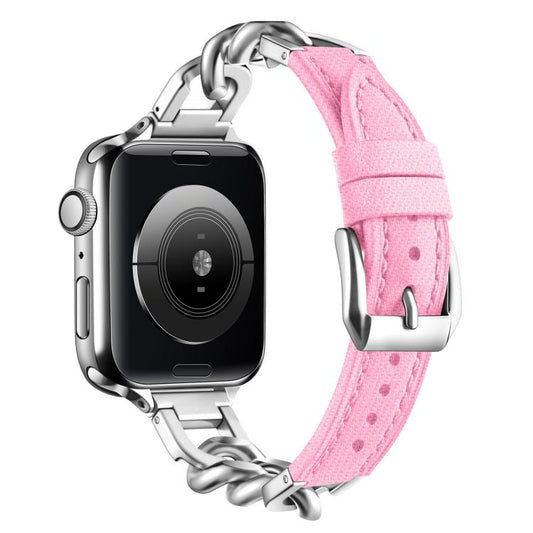 For Apple Watch 42mm / 41mm / 40mm / 38mm Metal Chain Leather Denim Watch Band(Pink) by bashfashion