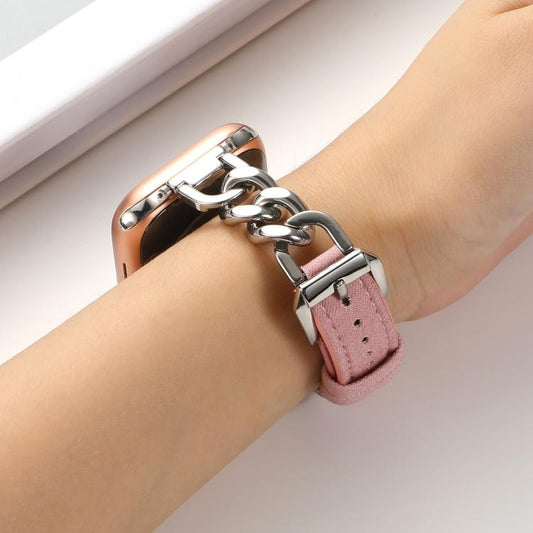 For Apple Watch 42mm / 41mm / 40mm / 38mm Metal Chain Leather Denim Watch Band(Pink) by bashfashion