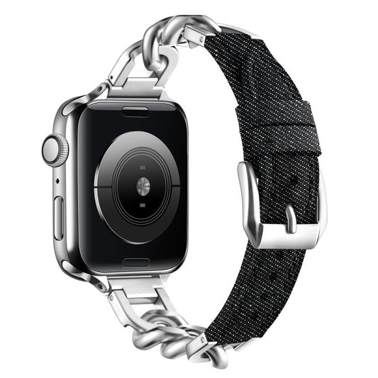 For Apple Watch 42mm / 41mm / 40mm / 38mm Metal Chain Leather Denim Watch Band(Black) by bashfashion