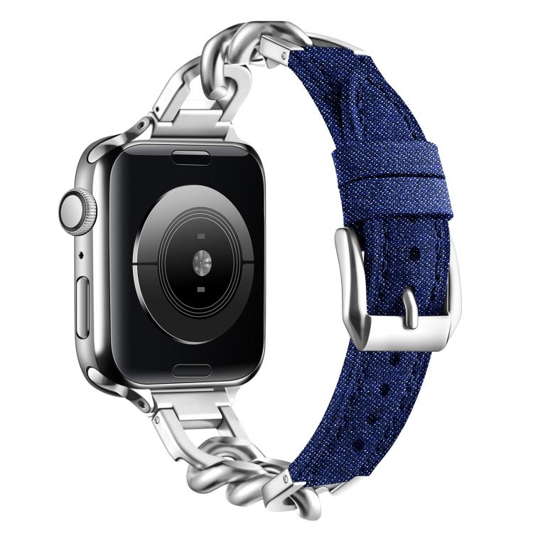 For Apple Watch 42mm / 41mm / 40mm / 38mm Metal Chain Leather Denim Watch Band(Dark Blue) by bashfashion