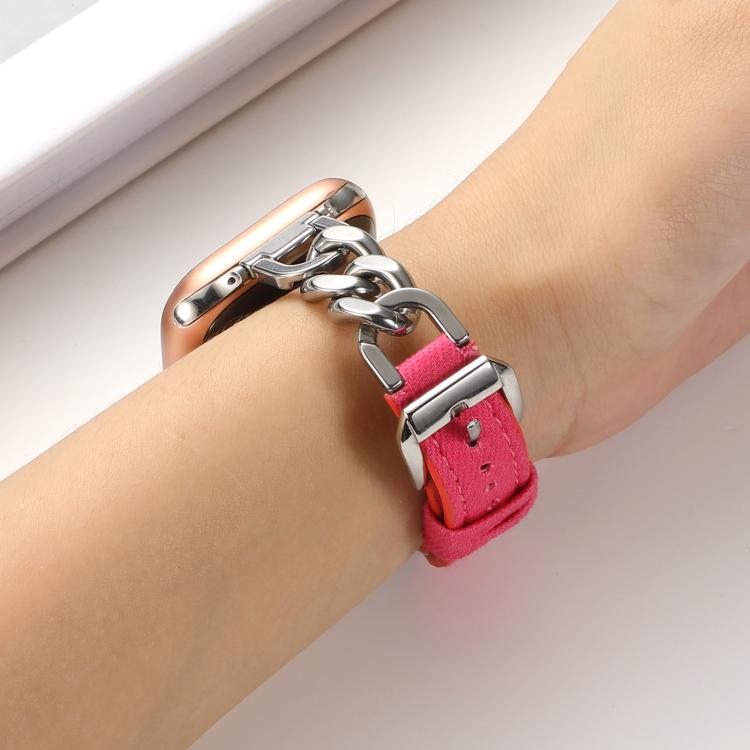 For Apple Watch 42mm / 41mm / 40mm / 38mm Metal Chain Leather Denim Watch Band(Peach Red) by bashfashion