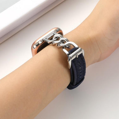 For Apple Watch 42mm / 41mm / 40mm / 38mm Metal Chain Leather Denim Watch Band(Ochre Red) by bashfashion