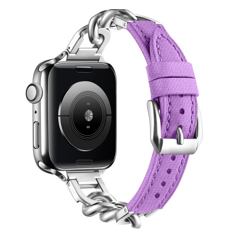 For Apple Watch 42mm / 41mm / 40mm / 38mm Metal Chain Leather Denim Watch Band(Purple) by bashfashion