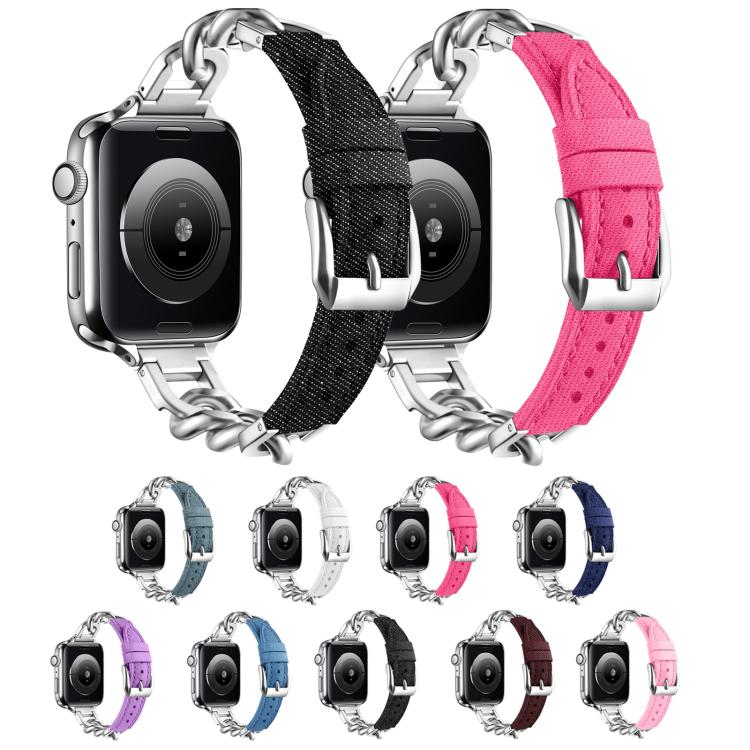 For Apple Watch 42mm / 41mm / 40mm / 38mm Metal Chain Leather Denim Watch Band(Dark Blue) by bashfashion