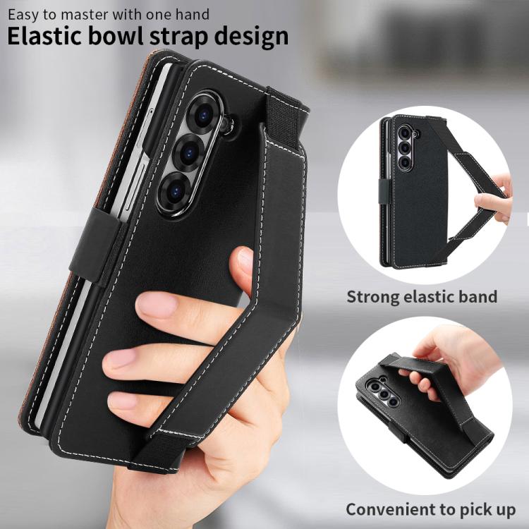 For Samsung Galaxy Z Fold6 VIETAO Integrated Spliced Leather Phone Case with Elastic Bowl Strap(Black) by VIETAO