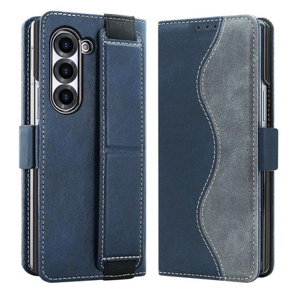 For Samsung Galaxy Z Fold5 VIETAO Integrated Spliced Leather Phone Case with Elastic Bowl Strap(Blue) by VIETAO