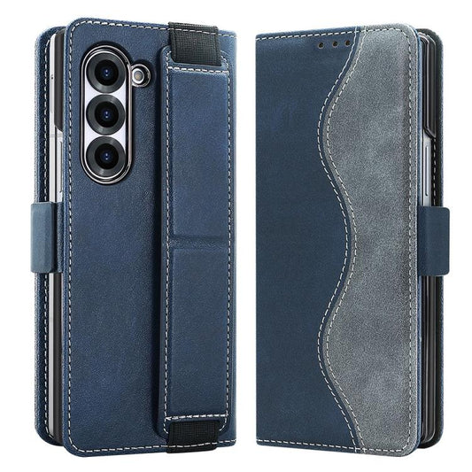 For Samsung Galaxy Z Fold5 VIETAO Integrated Spliced Leather Phone Case with Elastic Bowl Strap(Blue) by VIETAO