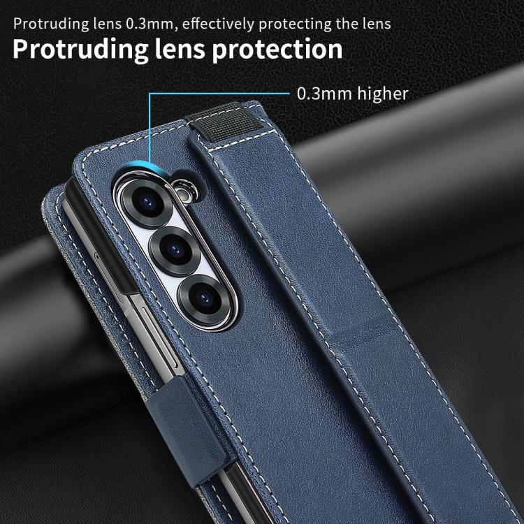 For Samsung Galaxy Z Fold5 VIETAO Integrated Spliced Leather Phone Case with Elastic Bowl Strap(Blue) by VIETAO