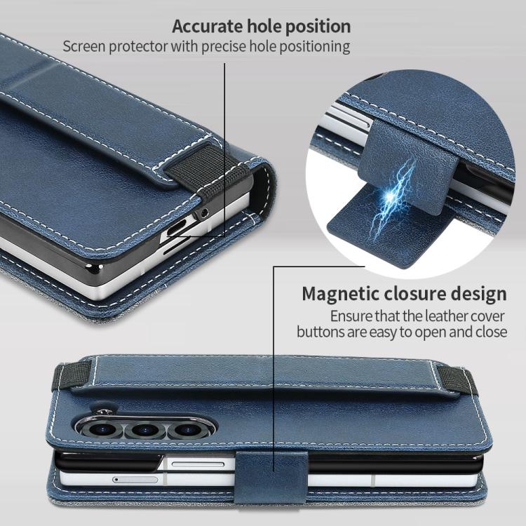 For Samsung Galaxy Z Fold5 VIETAO Integrated Spliced Leather Phone Case with Elastic Bowl Strap(Blue) by VIETAO