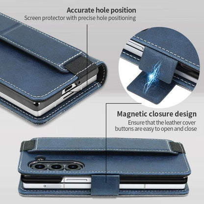 For Samsung Galaxy Z Fold5 VIETAO Integrated Spliced Leather Phone Case with Elastic Bowl Strap(Blue) by VIETAO