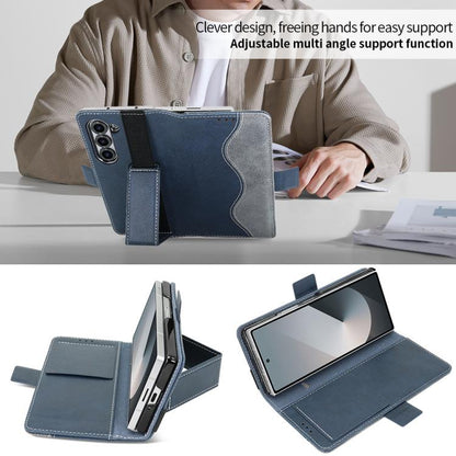 For Samsung Galaxy Z Fold5 VIETAO Integrated Spliced Leather Phone Case with Elastic Bowl Strap(Blue) by VIETAO