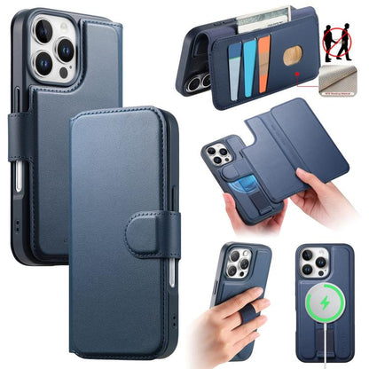 For iPhone 16 Pro Max CaseNeo Finger Grip Strap MagSafe Leather Phone Case(Blue) by CaseNeo