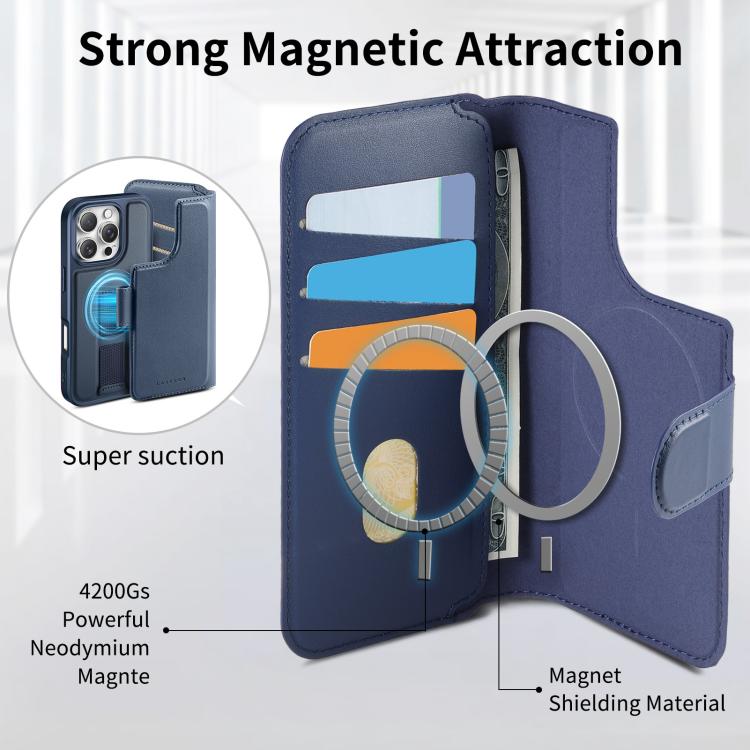 For iPhone 16 Pro Max CaseNeo Finger Grip Strap MagSafe Leather Phone Case(Blue) by CaseNeo