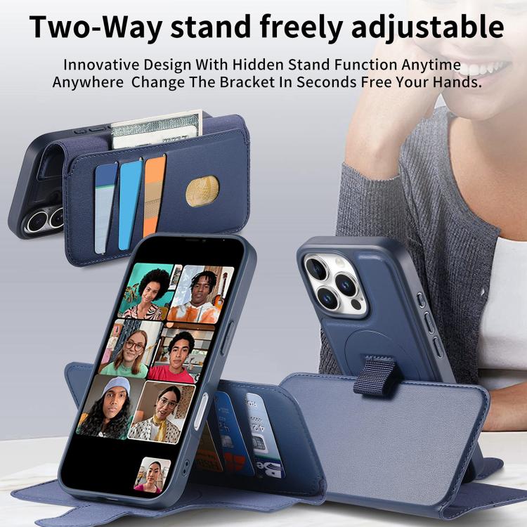 For iPhone 16 Pro Max CaseNeo Finger Grip Strap MagSafe Leather Phone Case(Blue) by CaseNeo