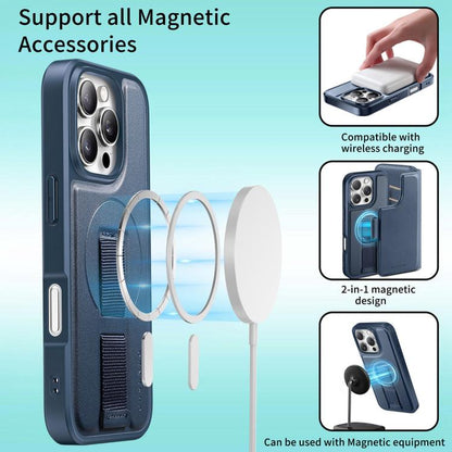 For iPhone 16 Pro Max CaseNeo Finger Grip Strap MagSafe Leather Phone Case(Blue) by CaseNeo