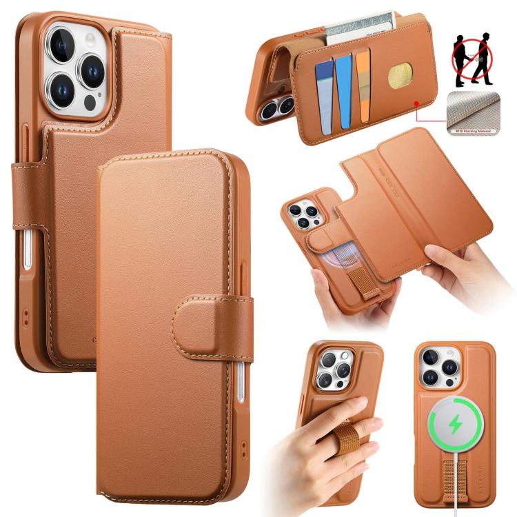 For iPhone 16 Pro CaseNeo Finger Grip Strap MagSafe Leather Phone Case(Brown) by CaseNeo