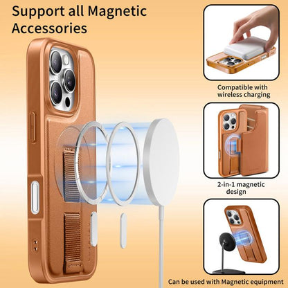 For iPhone 16 Pro CaseNeo Finger Grip Strap MagSafe Leather Phone Case(Brown) by CaseNeo