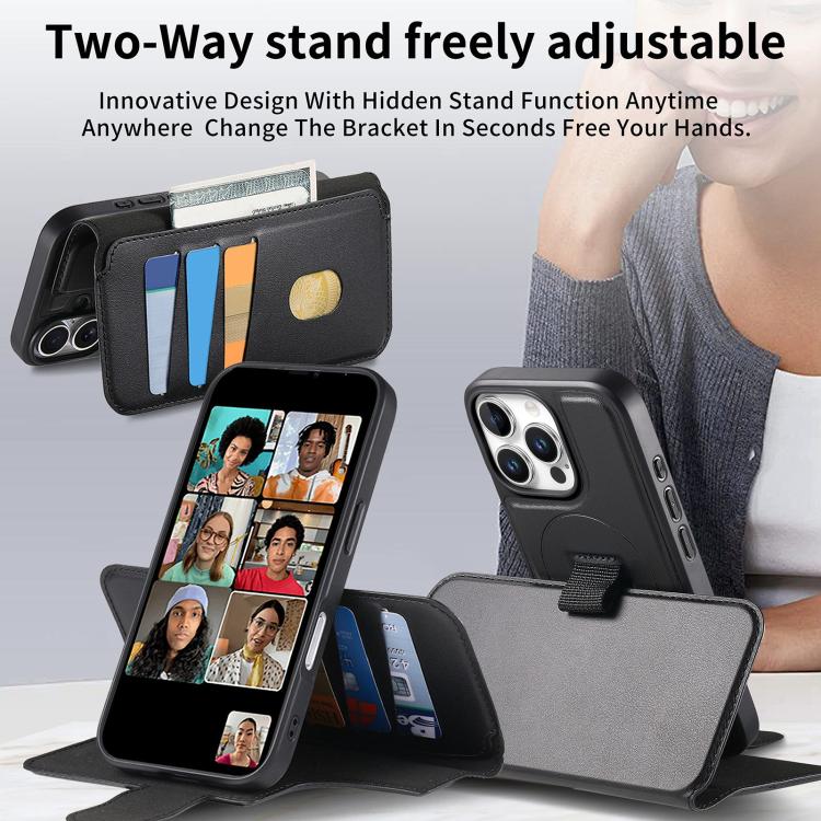 For iPhone 16 Pro CaseNeo Finger Grip Strap MagSafe Leather Phone Case(Black) by CaseNeo