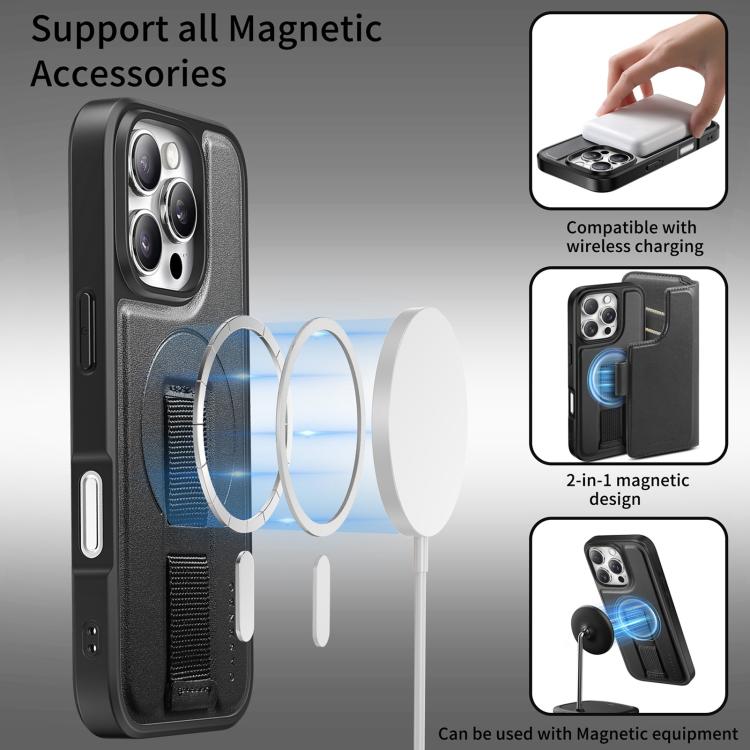 For iPhone 16 Pro CaseNeo Finger Grip Strap MagSafe Leather Phone Case(Black) by CaseNeo