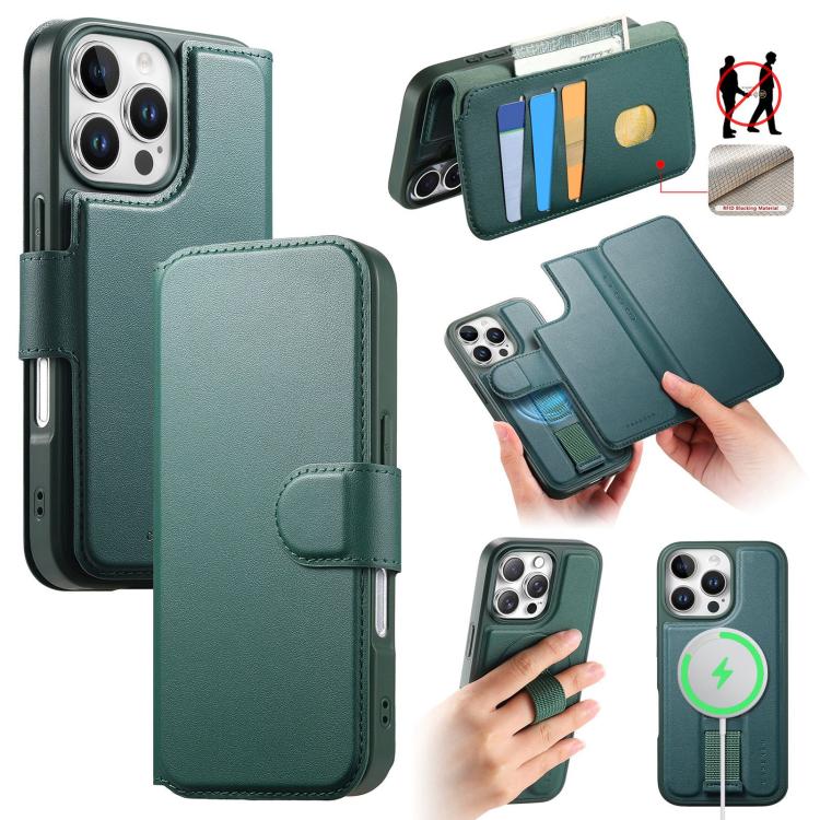 For iPhone 16 Pro CaseNeo Finger Grip Strap MagSafe Leather Phone Case(Green) by CaseNeo