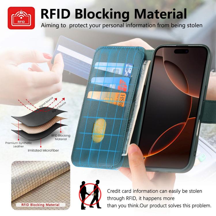 For iPhone 16 Pro CaseNeo Finger Grip Strap MagSafe Leather Phone Case(Green) by CaseNeo