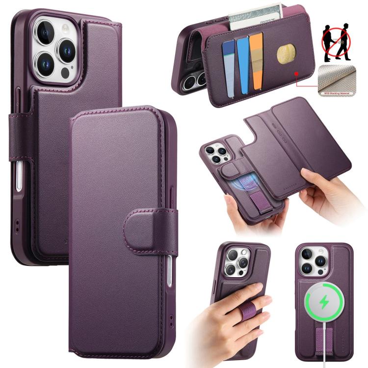 For iPhone 16 Pro CaseNeo Finger Grip Strap MagSafe Leather Phone Case(Purple) by CaseNeo