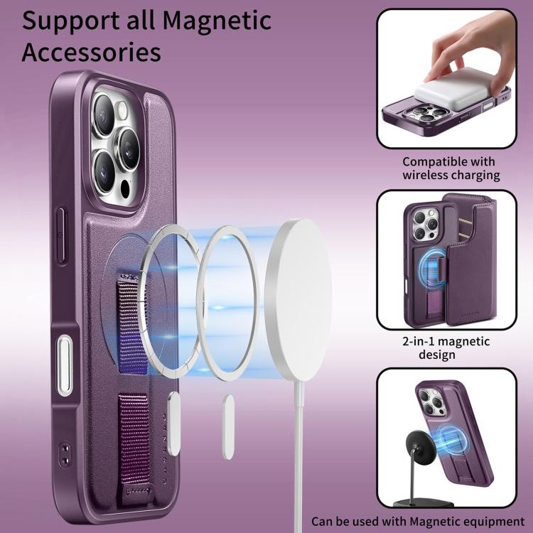 For iPhone 16 Pro CaseNeo Finger Grip Strap MagSafe Leather Phone Case(Purple) by CaseNeo