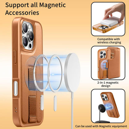 For iPhone 16 Plus CaseNeo Finger Grip Strap MagSafe Leather Phone Case(Brown) by CaseNeo