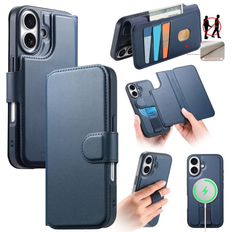 For iPhone 16 Plus CaseNeo Finger Grip Strap MagSafe Leather Phone Case(Blue) by CaseNeo