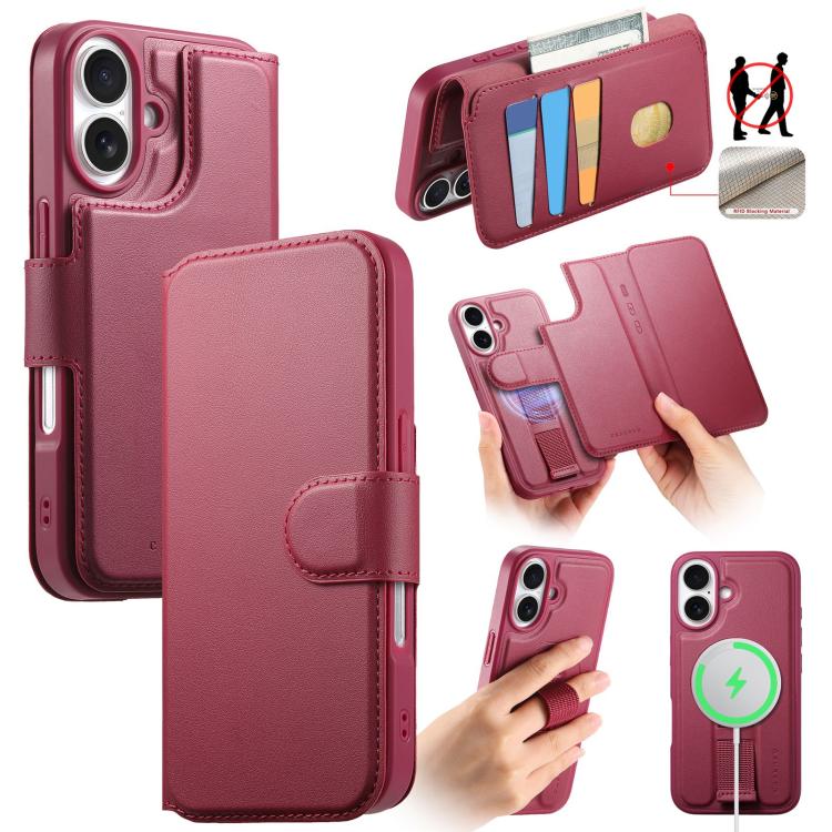 For iPhone 16 CaseNeo Finger Grip Strap MagSafe Leather Phone Case(Red) by CaseNeo