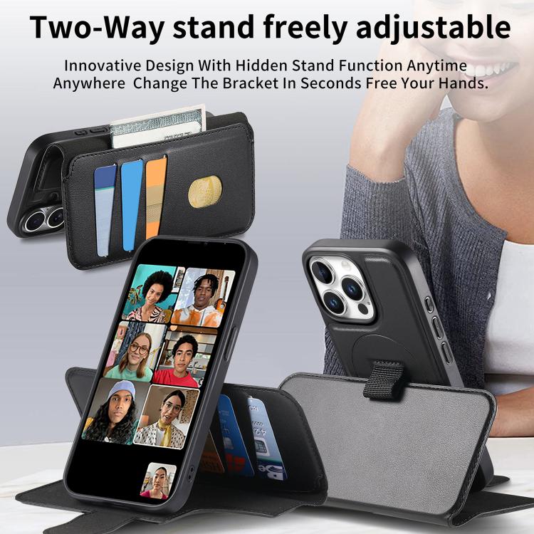 For iPhone 15 Pro Max CaseNeo Finger Grip Strap MagSafe Leather Phone Case(Black) by CaseNeo