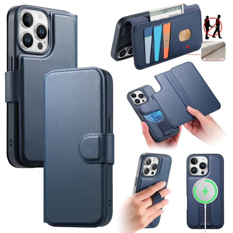 For iPhone 15 Pro CaseNeo Finger Grip Strap MagSafe Leather Phone Case(Blue) by CaseNeo