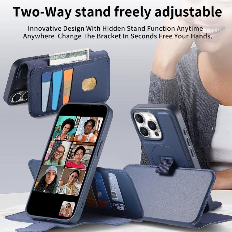 For iPhone 15 Pro CaseNeo Finger Grip Strap MagSafe Leather Phone Case(Blue) by CaseNeo