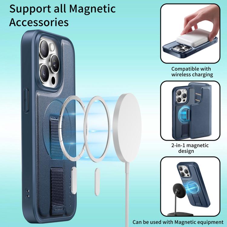 For iPhone 15 Pro CaseNeo Finger Grip Strap MagSafe Leather Phone Case(Blue) by CaseNeo