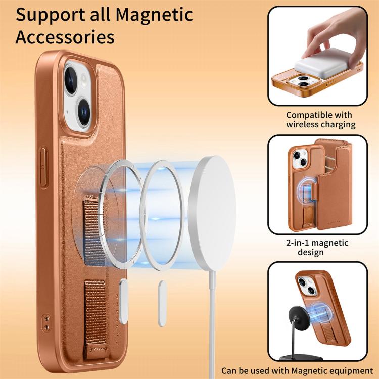 For iPhone 14 / 13 CaseNeo Finger Grip Strap MagSafe Leather Phone Case(Brown) by CaseNeo