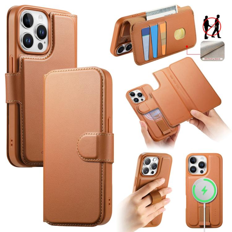 For iPhone 14 Pro CaseNeo Finger Grip Strap MagSafe Leather Phone Case(Brown) by CaseNeo