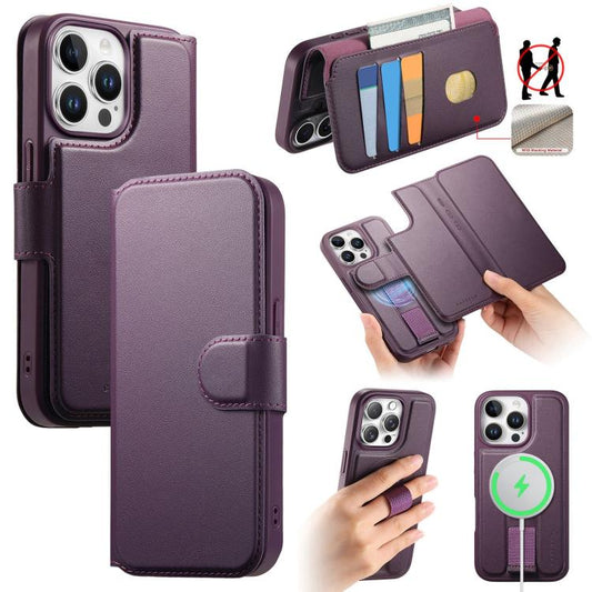 For iPhone 13 Pro Max CaseNeo Finger Grip Strap MagSafe Leather Phone Case(Purple) by CaseNeo
