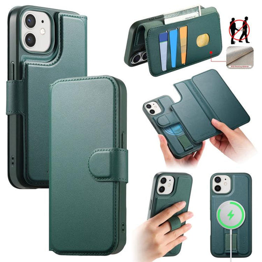 For iPhone 12 / 12 Pro CaseNeo Finger Grip Strap MagSafe Leather Phone Case(Green) by CaseNeo