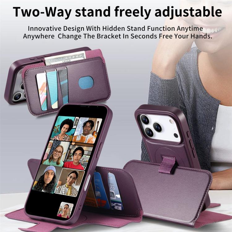 For iPhone 17 Pro Max CaseNeo Finger Grip Strap MagSafe Leather Phone Case(Purple) by CaseNeo