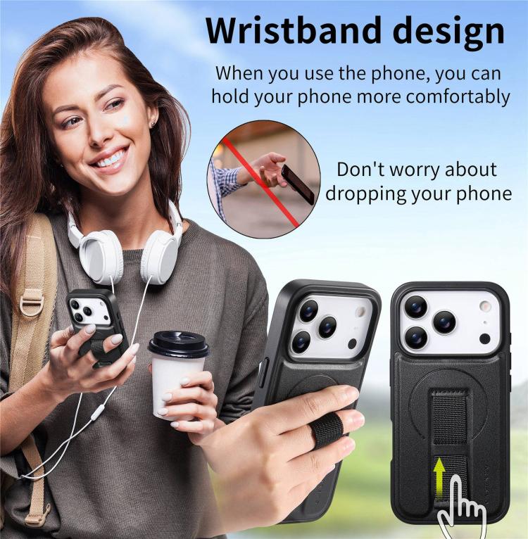 For iPhone 17 Pro CaseNeo Finger Grip Strap MagSafe Leather Phone Case(Black) by CaseNeo