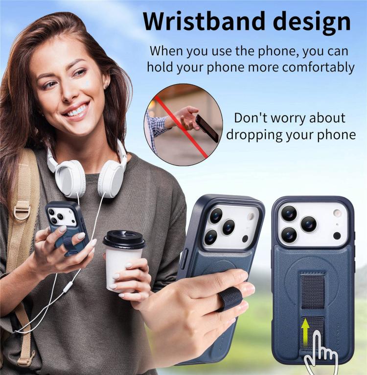 For iPhone 17 Pro CaseNeo Finger Grip Strap MagSafe Leather Phone Case(Blue) by CaseNeo