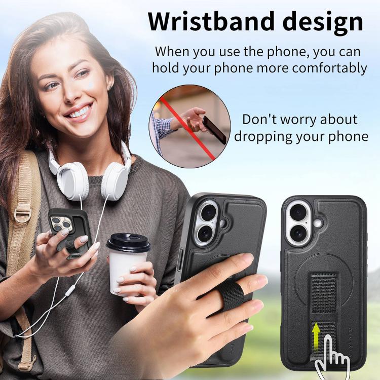 For iPhone 17 CaseNeo Finger Grip Strap MagSafe Leather Phone Case(Black) by CaseNeo