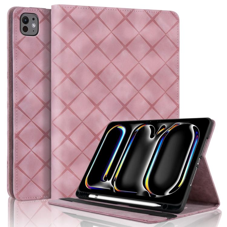 For iPad Air 13 2025 / 2024 / Pro 12.9 Rhombus Embossed Leather Smart Tablet Case(Pink) by bashfashion