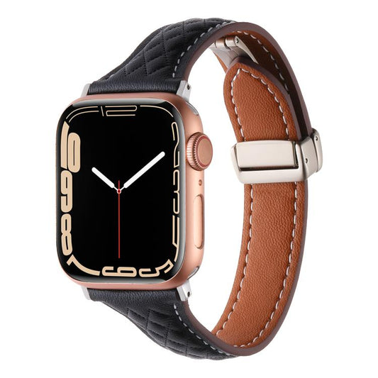 For Apple Watch 46mm / 49mm / 45mm / 44mm Kalebol Diamond Pattern Magnetic Buckle Leather Strap(Black) by Kalebol
