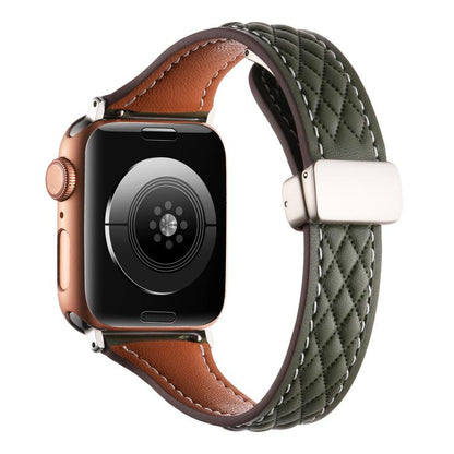 For Apple Watch 46mm / 49mm / 45mm / 44mm Kalebol Diamond Pattern Magnetic Buckle Leather Strap(Olive Green) by Kalebol